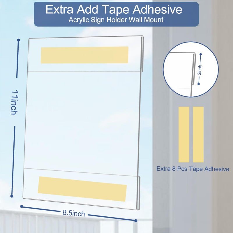 Wbtran Acrylic Sign Holder 8.5 x 11 Wall Mount, Clear Plastic Paper Sign Display with Tape, No Drilling Acrylic Wall Frame for Office, Home, Store, Restaurant (12 Pack) - Image 2